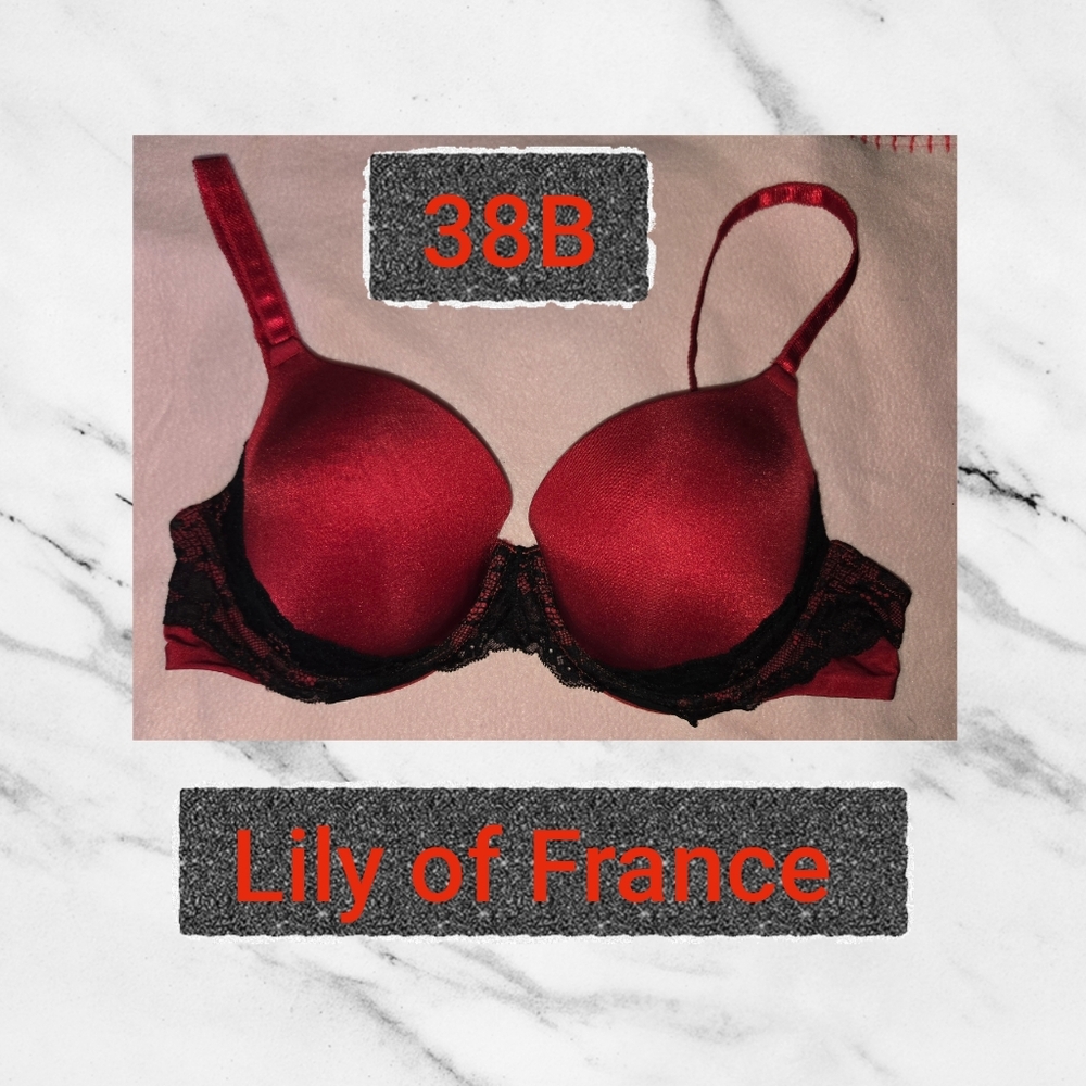❤️ Lily of France Red &Black Demi-Cup Bra Sz 36B